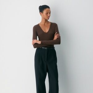 Aritzia Homestretch Rib Deep V-neck Longsleeve in Rich Mocha Brown